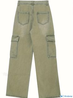 Orcajump - Loose Fit Versatile Straight Jeans, Flap Pockets Y2K Style Cargo Pants, Women's Denim Jeans & Clothing Green Utility Denim Cargo Jeans, Green Denim Cargo Jeans With Pockets, Khaki Utility Jeans With Five Pockets, Utility Green Denim Cargo Jeans, Khaki Denim Jeans With Cargo Pockets, Casual Jeans With Multiple Pockets, Mid-rise Khaki Denim Cargo Jeans, Khaki Mid-rise Denim Cargo Jeans, Baggy Utility Khaki Jeans