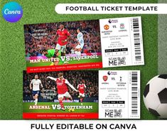 two soccer ticket templates with a ball on the field