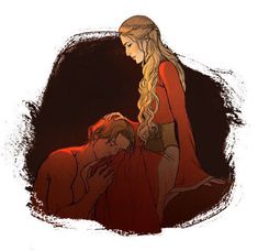 a drawing of a woman with long blonde hair sitting next to a man in red