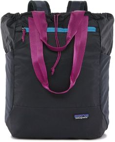 a large black bag with purple straps