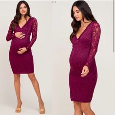 Size Small. New Without Tags. Brand Tag Has Been Removed. A Solid Lace Maternity Fitted Dress With A V-Neckline, Semi Sheer Sleeves, Zipper Closure In Back. Dress Is Lined. Self: 90% Nylon 10% Spandex Lining: 95% Polyester 5% Spandex Length: 37" Sleeve Length: 17.5" Measured From: Small Maternity V-neck Dress With Lace Trim For Spring, Spring Maternity Dress With Lace Trim And V-neck, Fitted Lace Maternity Dress V-neck, Fitted V-neck Dresses Bump Friendly, Fitted V-neck Dress That Is Bump Friendly, Elegant V-neck Bump-friendly Dress, Elegant V-neck Bump Friendly Dresses, Long Sleeve Lace Maternity Dress, Back Dress