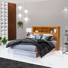 a large bed sitting inside of a bedroom on top of a white floor