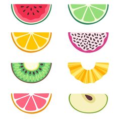 the slices of fruit are arranged in different colors and shapes, including watermelon, kiwi, lemon, apple, grapefruit