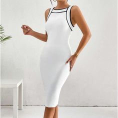 Length 40 Chest 35 Hips 37 Summer Office Stretch Mini Dress, Summer Office Mini Dress With Stretch, Summer Stretch Mini Dress For Office, Stretch Summer Office Dress, Summer Office Dress With Stretch, White Bodycon Dress For Office, Chic White Bodycon Dress For Office, White Bodycon Midi Dress For Office, White Midi Bodycon Office Dress