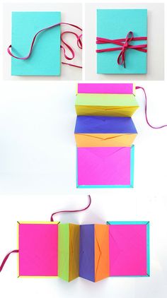 the instructions for how to make an origami book with colored paper and string