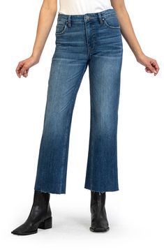 KUT from the Kloth Kelsey Fab Ab High Waist Raw Hem Ankle Flare Jeans | Nordstrom Wrap Jacket, Wide Legs, Flared Jeans, Shirt Accessories, Wide Leg Jeans, Bottoms Pants, Denim Women, Bell Bottom Jeans, Stretch Denim