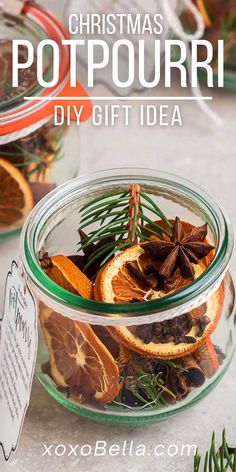 christmas potpouri diy gift idea in a glass jar with orange slices and cinnamons