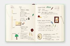 an open notebook with japanese writing and pictures on the pages, in front of a white background