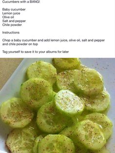 cucumbers with balm and pepper on top in a white bowl next to a recipe card