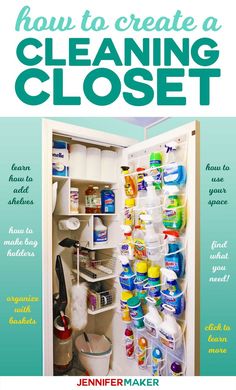 an open refrigerator door with cleaning products in it and the words how to create a cleaning closet