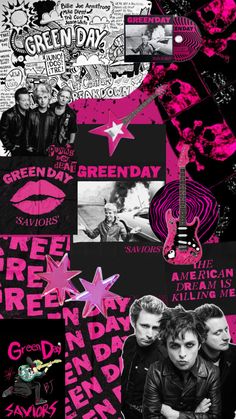 collage of pink and black images with the words'green day'on them