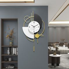 a large clock mounted to the side of a wall next to a bookshelf