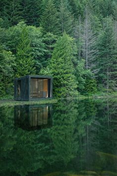 a small cabin sitting on top of a lake in the middle of a green forest