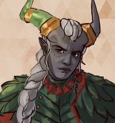 a drawing of a male elf with horns on his head and wearing a green outfit