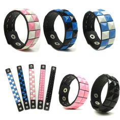 Synthetic Leather Studded Bangle Bracelet Adjustable Button     US Free Shipping 100% Satisfaction Guarantee Premium Quality   Color : Black, Pink, Pink/White, Turquoise/White, Turquoise/Black 1" Adjustable Button - Recommended Circumference Wrist: 7~8" Total Bracelet Length: 9" Bracelet Width: 1" Weight : 2 oz Item #: TB006 All orders and/or holidays orders after PST 3:00 pm on Friday will be shipped the day after Monday or the working day.   Return  Returns must be made within 30 days of recei Scene Accessories, Silly Clothes, Scene Outfits, Scene Fashion, Scene Kids, Funky Jewelry, Emo Fashion, White Turquoise, Emo Scene