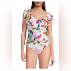 Brand New Stunning La Blanca Paradise Ruffle Cold Shoulder One-Piece Swimsuit/ Cover Up Swimsuit Size 8 Cover Upsize Medium White Ruffled One-piece Swimwear, White Ruffled Swimwear For Spring, Multicolor Ruffled One-piece Swimwear, Coverup Swimsuit, Swim Brands, Swimsuit Cover, Womens Swim, One Piece Swimsuit, Cold Shoulder