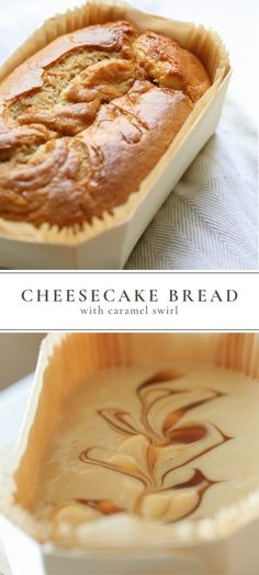 two pictures showing different types of bread in pans and one with chocolate swirl on it