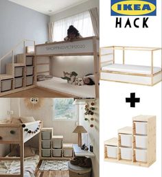 bunk beds made out of wood and storage boxes for children's bedroom, with the words ikea hack above them