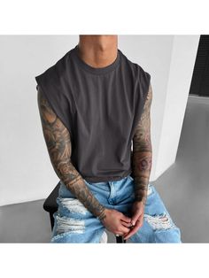 Men Youth T-Shirts, Unisex Casual Sleeveless Vest Gray Crew Neck Vest Top, Gray Vest Tops With Crew Neck, Gray Vest Style Crew Neck Tops, Gray Sleeveless Top For Streetwear, Casual Gray Tank Muscle Tee, Gray Crew Neck Muscle Tee For Summer, Casual Gray Sleeveless Muscle Tee, Gray Muscle Tee For Summer, Gray Summer Muscle Tee Tank