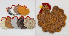 several crocheted roosters are shown next to each other