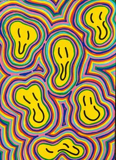 an abstract painting with multiple colors and shapes in the shape of wavy lines on a yellow background