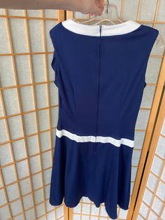 "Finnegan California dress, navy and whit with a matching jacket Bust: 40\" Waist: 30\" Hips: any up to 50\" Shoulder to waist: 16\" Waist to hem: 23\"" Navy Blue And White Dress, White Clogs, Blue And White Dress, Toddler Dress, Bike Shorts, Vintage 1970s, White Vintage, Lincoln, Athletic Tank Tops