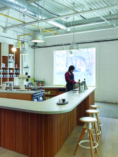 a person sitting at a counter in a room with lots of shelves and stools