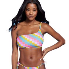 Xhilaration Junior's Size Medium Multicolor One Shoulder 2 Piece Bikini Swimwear Swimsuit. This One-Shoulder Bikini Swimsuit From Xhilaration Brings A Quick, Stylish Refresh To Your Swimwear Closet. This Bikini Swimsuit Features A Bright, Multicolored Grid Print For Fun, Summery Style. The Single Shoulder Strap Offers An On-Trend Look, And It's Designed With A Back Hook-And-Loop Fastener For Easy On/Off Plus, Removable Cups Provide You With Customizable Coverage. Cheeky. New With Tags. Never Wor Playful Yellow Swimwear For Beach Season, Playful Yellow Swimwear For Sunbathing, Playful Yellow Swimwear For Vacation, Fun Yellow Swimwear For Pool, Playful Yellow Swimwear For Swimming, Multicolor Swimwear With Built-in Bra For Beach Party, Multicolor Moisture-wicking Swimwear For Summer, Fitted Multicolor Swimwear With Built-in Bra, Summer Multicolor Moisture-wicking Swimwear