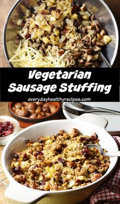 vegetarian sausage stuffing in a casserole dish with text overlay that reads, vegetarian sausage stuffing