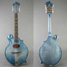 two different views of a blue guitar