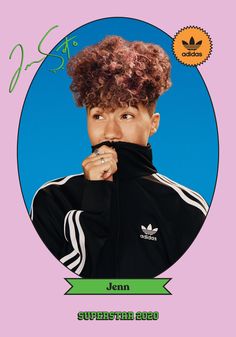 an advertisement for adidas featuring a young man with curly hair wearing a black jacket