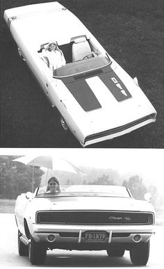 two pictures of the same car in black and white, one with an open top