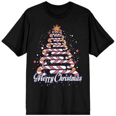 a black t - shirt that says merry christmas with candy canes on the front