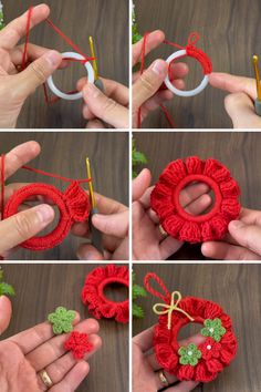 crocheted wreaths are being made with yarn