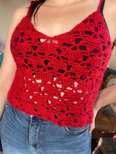 This was a creation to fill my craving for a lacy inspired tank top. I loved the way this leafy style top worked up without a bunch of loose ends. This top is made with a Caron Simply Soft in a bright red color. Ideally this top would pair best with a simple bandeau for a casual spring/summer look but you're more than welcome to wear it as you please💕 This piece measures 13.5 inches in length from top (not including straps) to bottom. Each panel measure 17 inches wide, thus 34 inch diameter. The straps are tied with simple bows/knots to adjust to your torso. I won't be recreating this design unless commissioned. Hand/gentle wash and air/tumble dry for best results. Feel free to message me at crochetcopia@gmail.com with your questions, thoughts, and concerns. Much love🌿 Crochet Top Boho, Red Crochet Top, Summer Top Crochet, Boho Crochet Top, Crochet Boho Top, Hippie Top, Red Crochet, Summer Tank Top, Caron Simply Soft