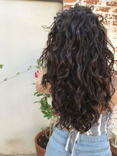 Dark Brown Hair Wavy Natural, Perm On Thick Long Hair, Natural Wavy Hair Color Ideas, Natural Dark Brown Hair With Dimension, Dark Brown Permed Hair, Dark Permed Hair, Wavy Perm Loose Long Hair, Thick Curly Wavy Haircut, Haircuts For Long Wavy Curly Hair