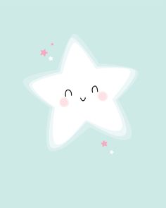 a white star with pink cheeks and eyes on a light blue background that says, i love you