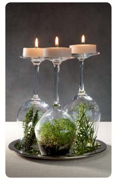 three wine glasses filled with plants and lit candles on a plate next to each other