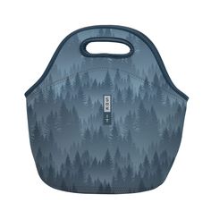 a blue lunch bag with trees on it