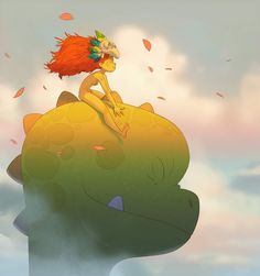 a cartoon character sitting on top of a dinosaur with an orange hair and green eyes