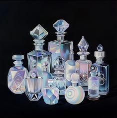 an oil painting of many different perfume bottles