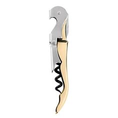 a knife with a corkscrew attached to it's side on a white background