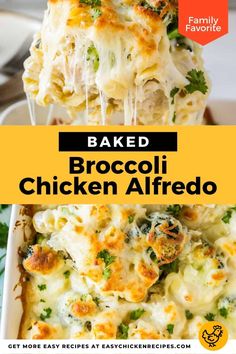 broccoli chicken alfredo bake in a casserole dish with text overlay