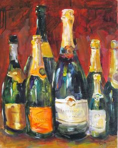 a painting of several bottles of wine on a table