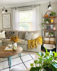 a living room filled with lots of furniture and plants on top of a rug in front of a window