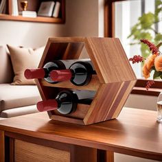 a wooden wine rack on a table in front of a window with vases and flowers