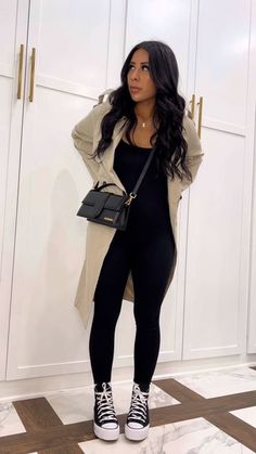 Casual Going Out Outfits Winter, Cute Comfy Going Out Outfits, Amazon Jumpsuit Outfit, Appointment Outfit Casual, Fall Engagement Party Outfit Guest, Airplane Travel Outfit Ideas, Black Long Sleeve Jumpsuit Outfit, How To Style Black Jumpsuit, How To Style A Jumpsuit Casual