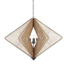 a chandelier made out of woven material with two lights hanging from the ceiling