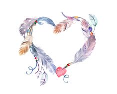 a watercolor drawing of a heart shaped with feathers and beads on it's sides