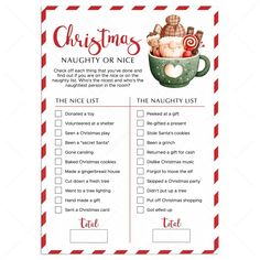 a christmas gift list with candy in a cup